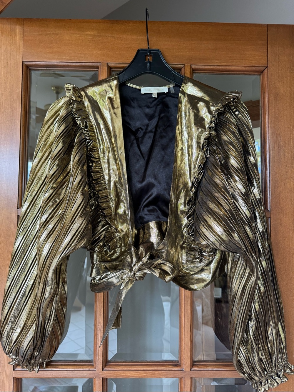 LOVE SHACK FANCY Metallic Gold Ruffle Tie-Front Women's blouse